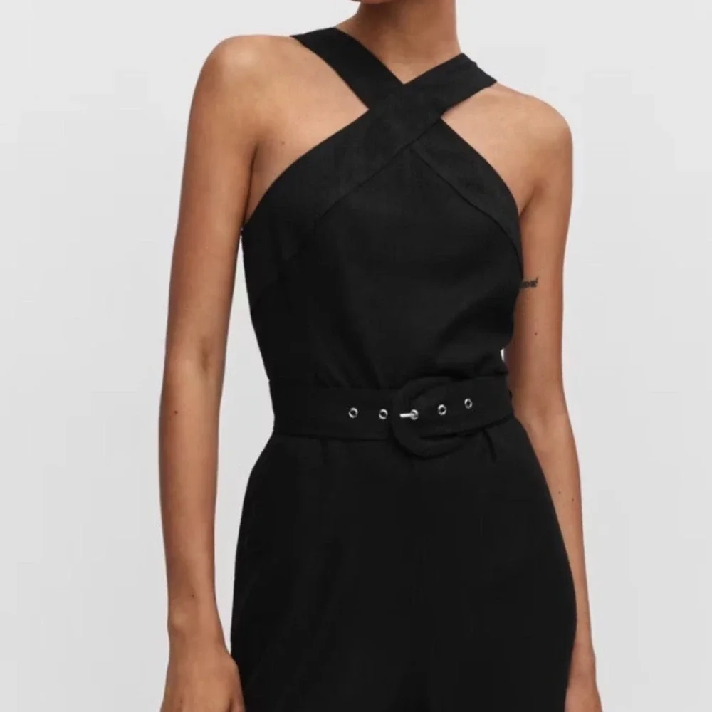 Mango MNG Halter Cross Front Jumpsuit Belted Black Linen Blend Size M Back Zip